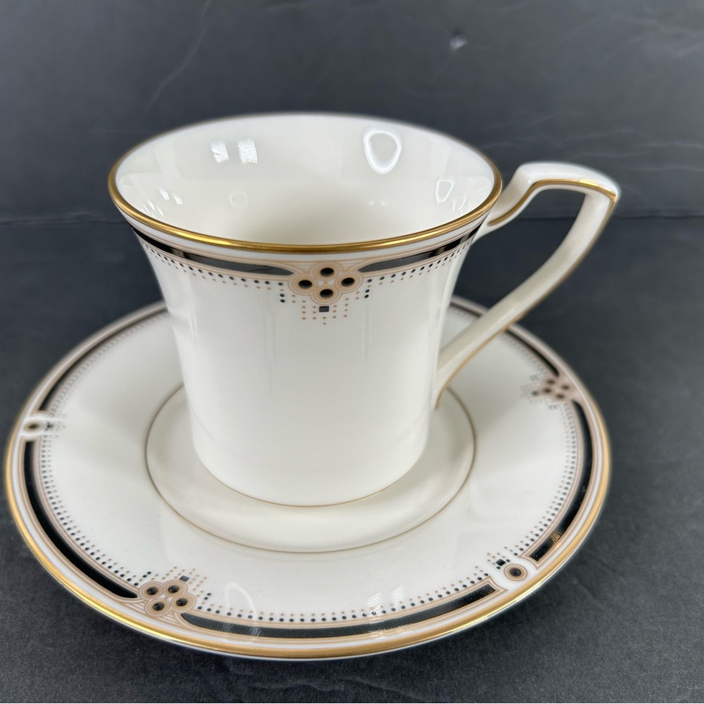 Noritake Evening Gown Cup & Saucer Gold Color Trim Black Dots